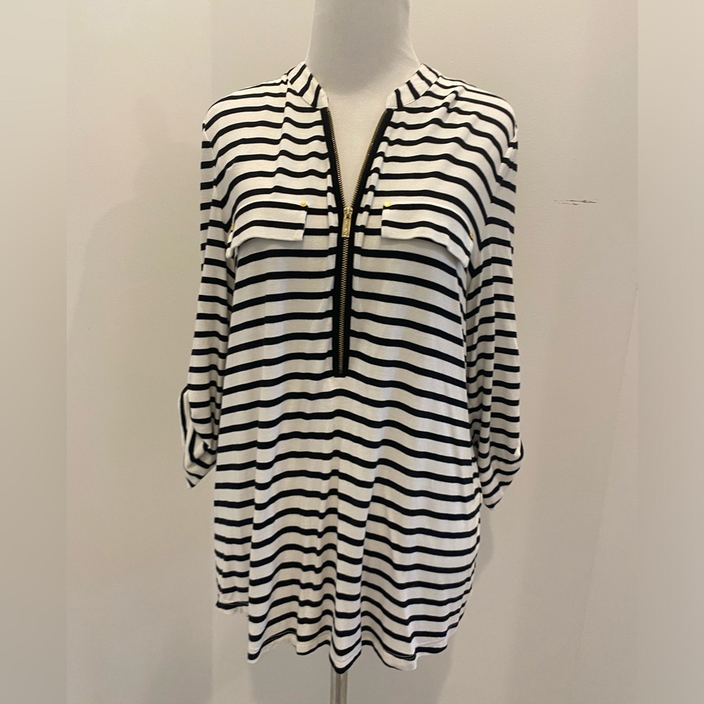 Calvin Klein Tops Calvin Klein Top Blouse Black White Stripes Zip Front